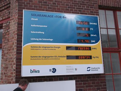 Neuerstellung einer beschrifteten Frontblende für eine LCD-Solarleistungsanzeige in Bielefeld, inklusive Montage durch Rodath Werbetechnik
